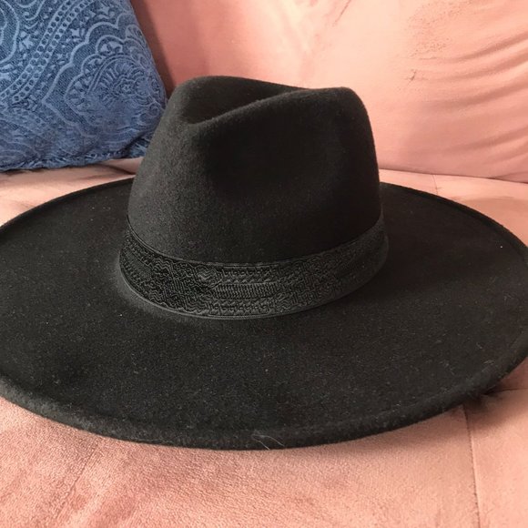 NWT Black Felt Wide Brim Fedora Hat With Lace Detail - Picture 4 of 4